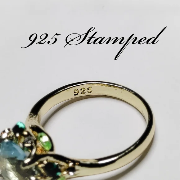 🎀18k/925 Leafy Aquamarine & Peridot Ring - Picture 5 of 6